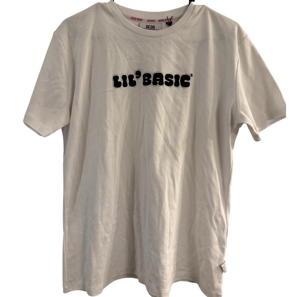 GCDS Lil Basic Rhinestone Graphic T-Shirt White Cotton Made in Italy Size XL New